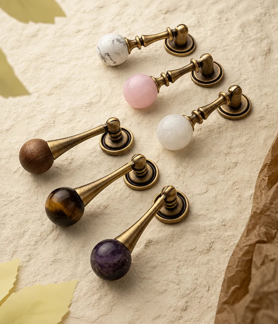 Antique brass ball drop cabinet pulls in walnut and five stone colors