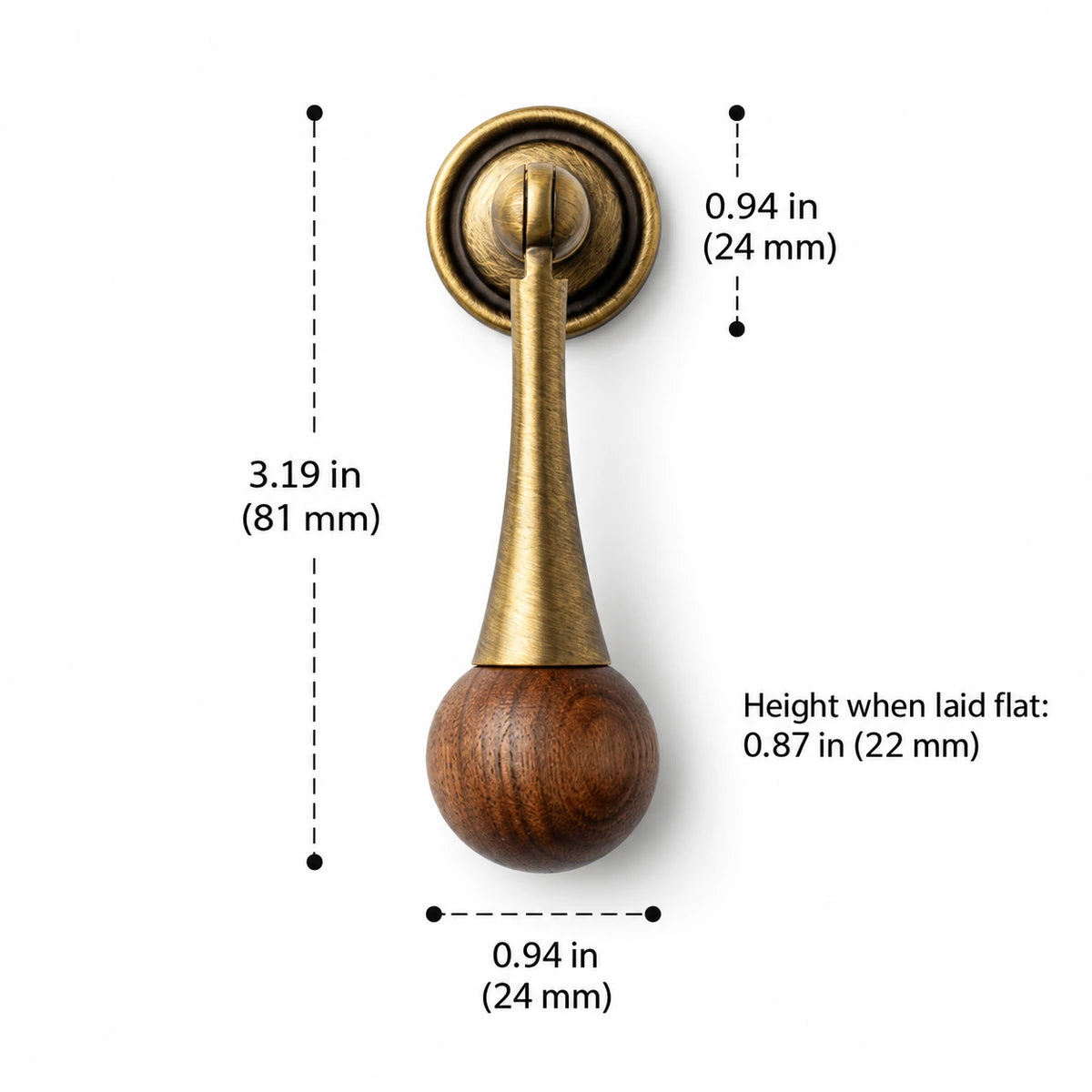 Tapered antique brass drop pull with walnut ball, 3.19 in (81 mm) overall height, with dimension labels