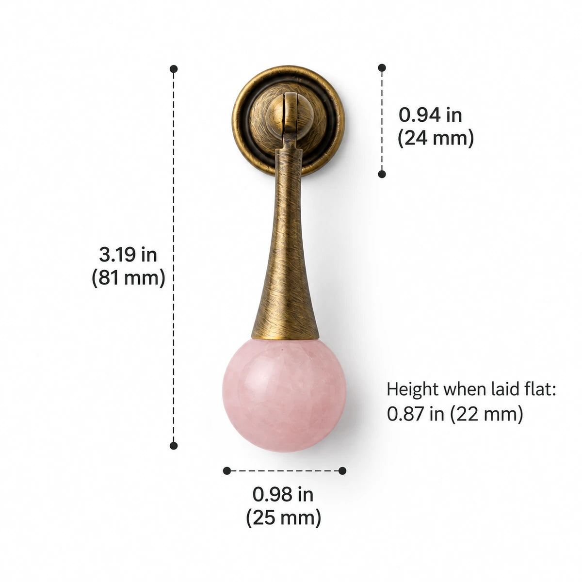Tapered antique brass drop pull with pink stone ball, 3.19 in (81 mm) overall height, with dimension labels