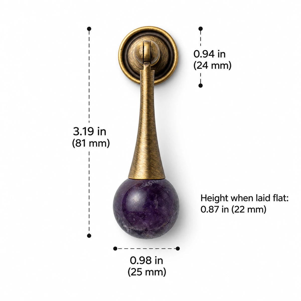 Tapered antique brass drop pull with purple stone ball, 3.19 in (81 mm) overall height, with dimension labels