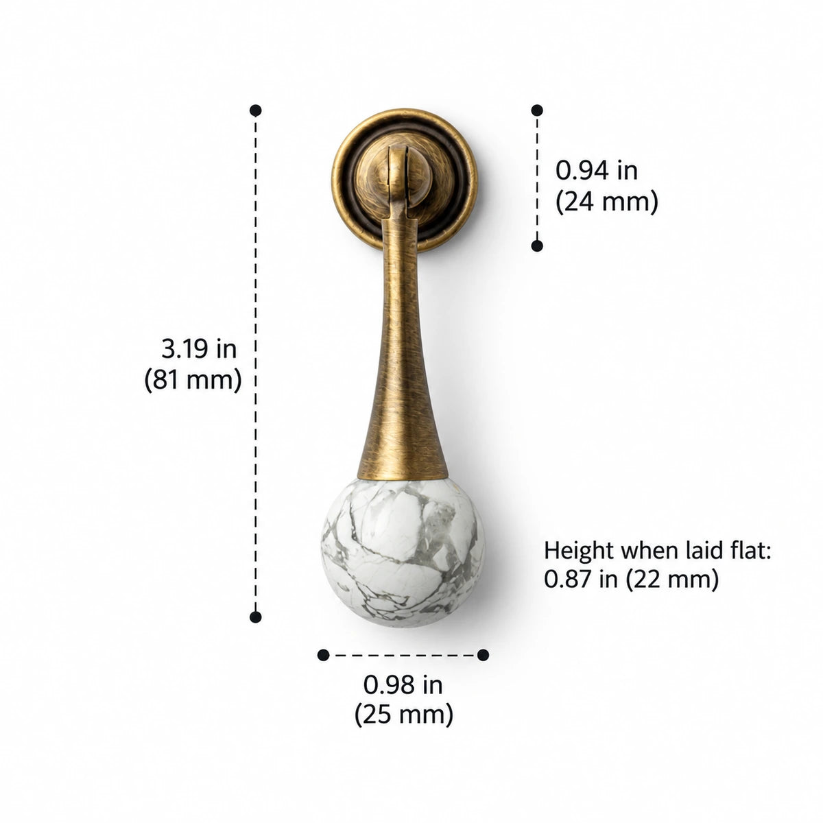 Tapered antique brass drop pull with white veined stone ball, 3.19 in (81 mm) overall height, with dimension labels