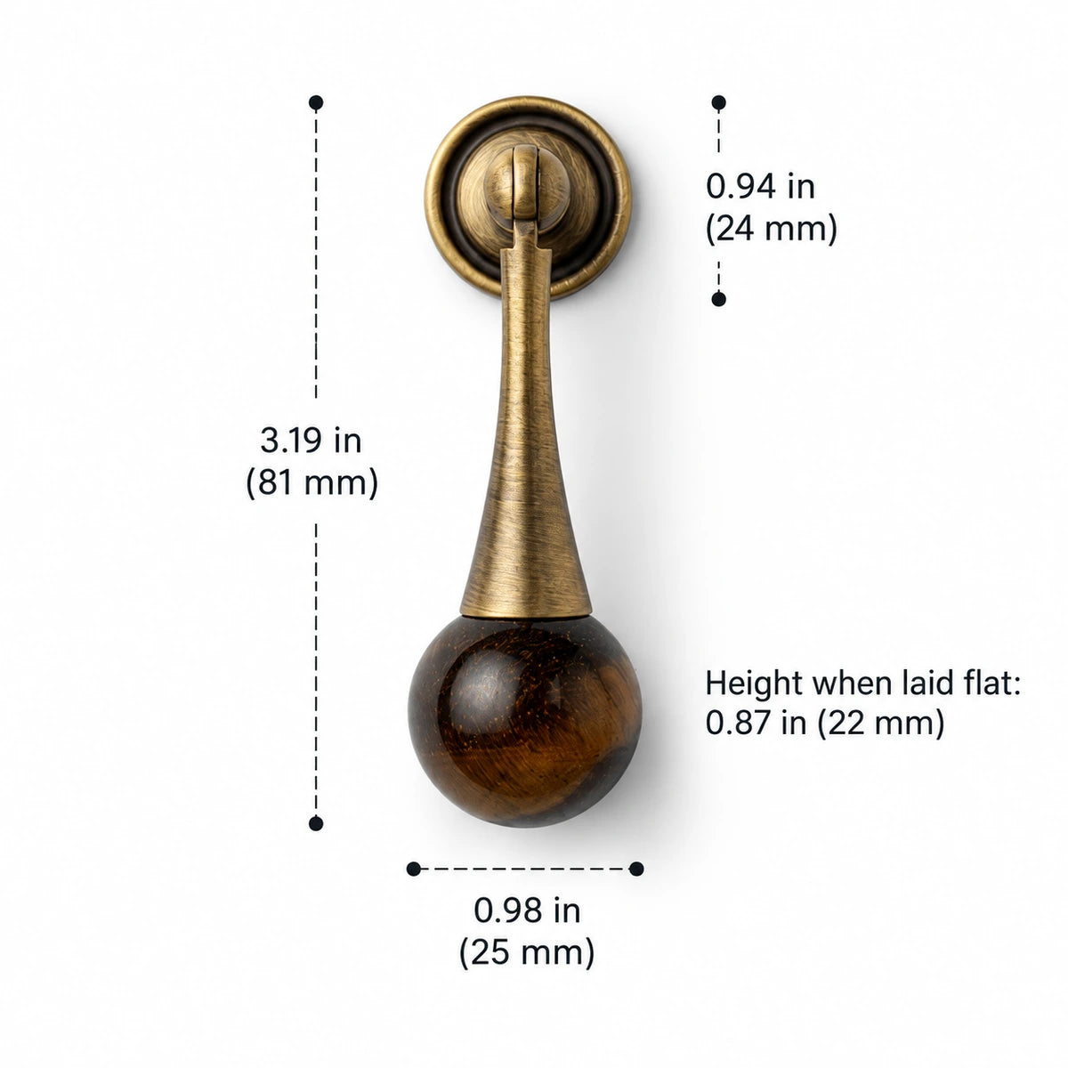 Tapered antique brass drop pull with golden brown stone ball, 3.19 in (81 mm) overall height, with dimension labels