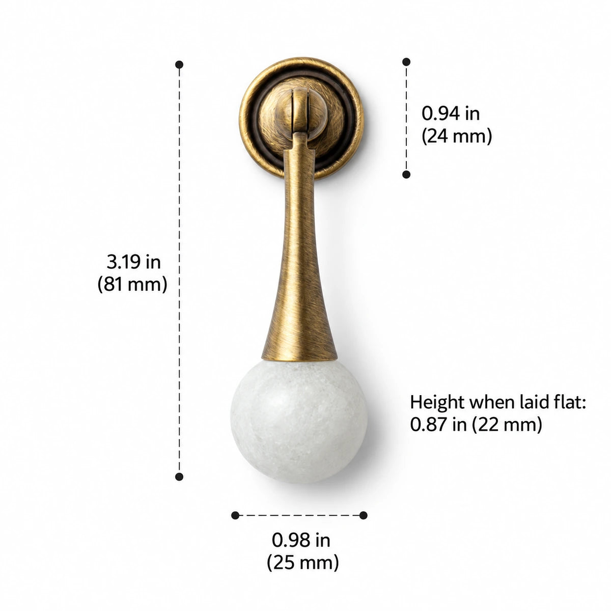 Tapered antique brass drop pull with white stone ball, 3.19 in (81 mm) overall height, with dimension labels