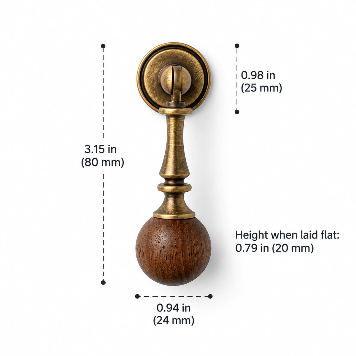 Turned antique brass drop pull with walnut ball, 3.15 in (80 mm) overall height, with dimension labels
