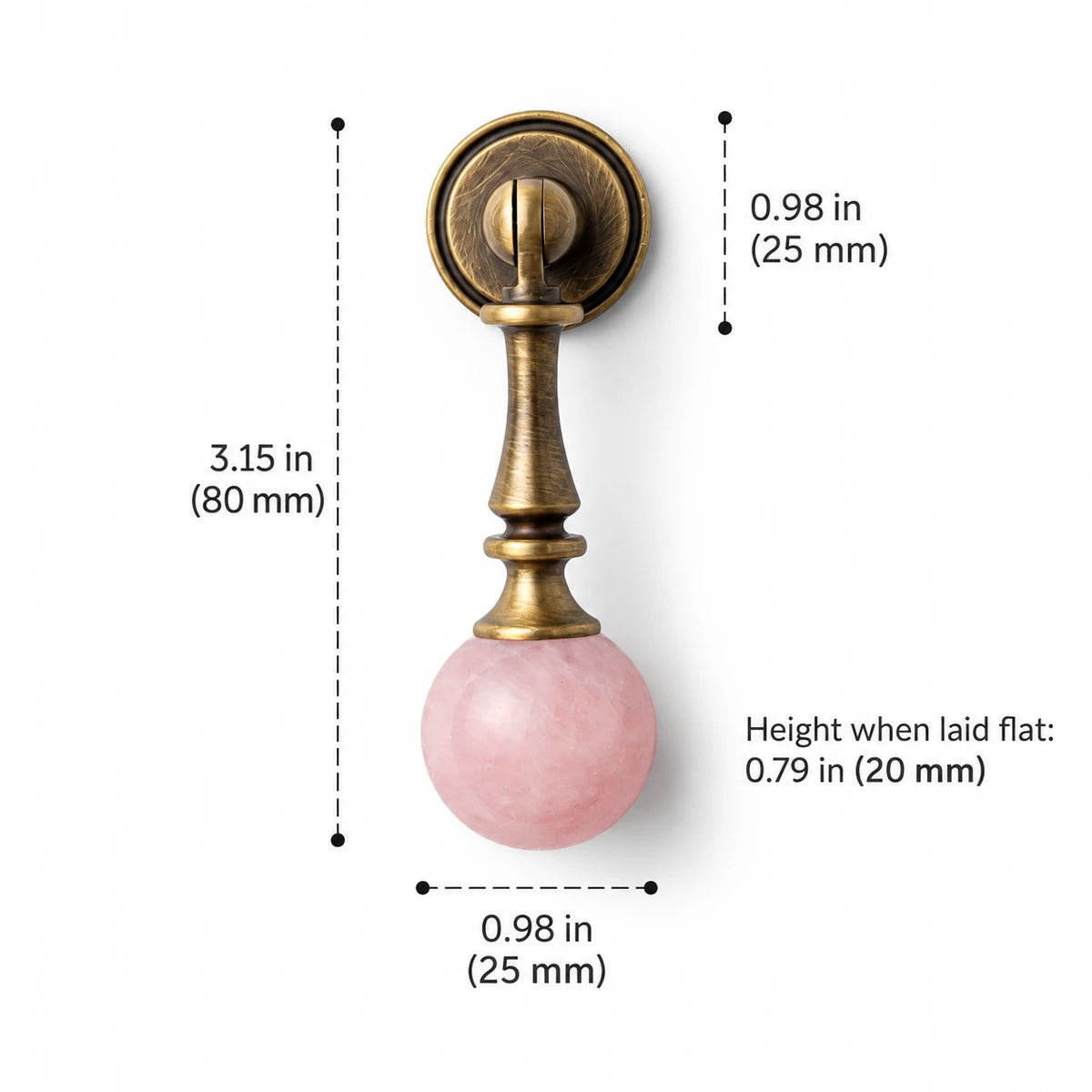 Turned antique brass drop pull with pink stone ball, 3.15 in (80 mm) overall height, with dimension labels