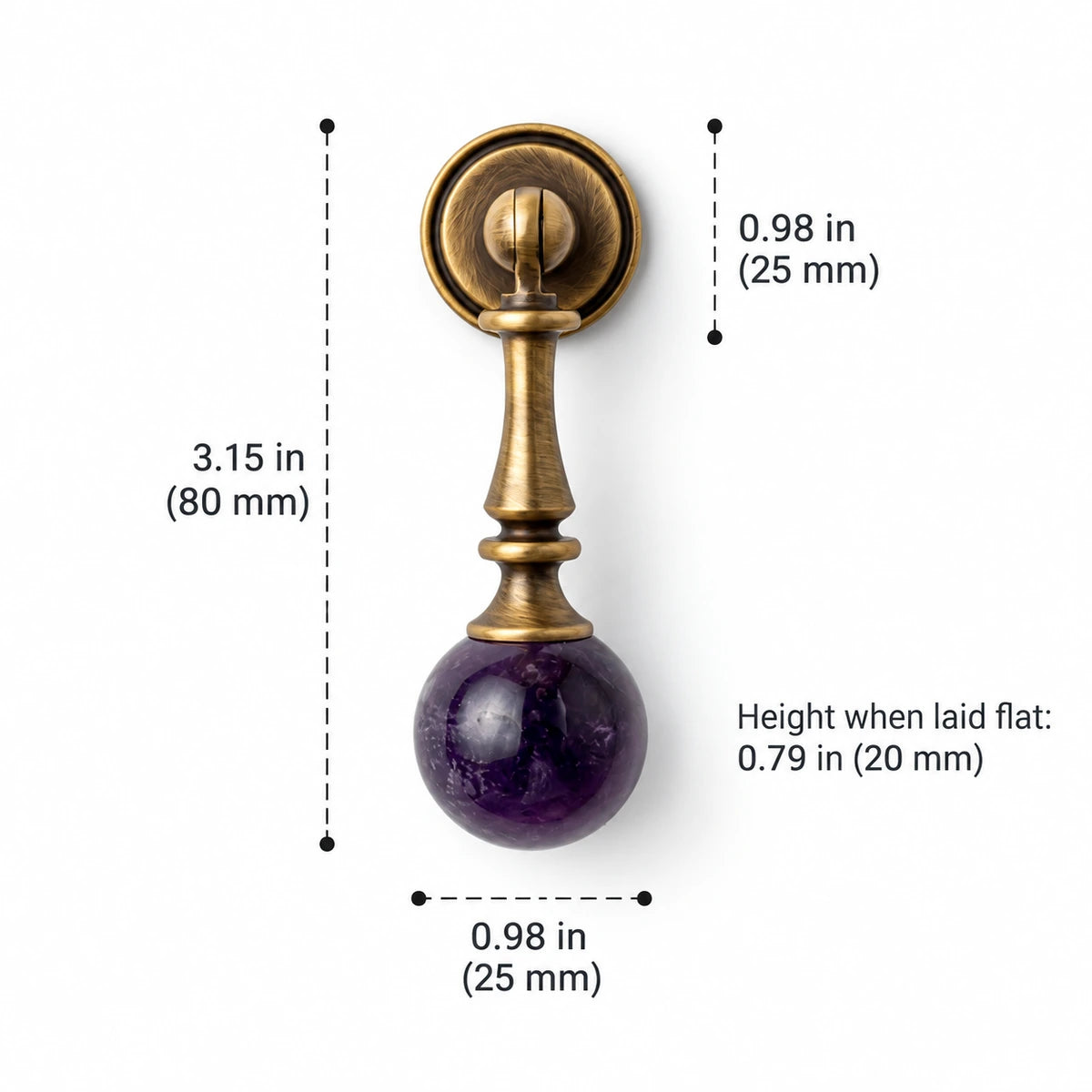 Turned antique brass drop pull with purple stone ball, 3.15 in (80 mm) overall height, with dimension labels