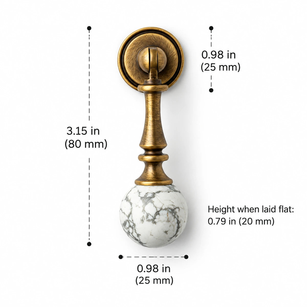 Turned antique brass drop pull with white veined stone ball, 3.15 in (80 mm) overall height, with dimension labels