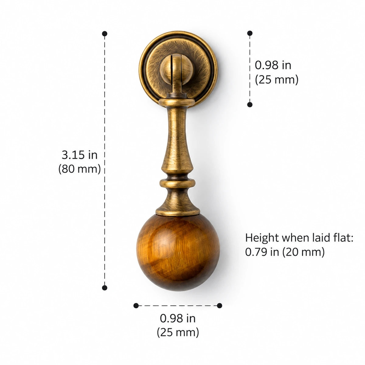 Turned antique brass drop pull with golden brown stone ball, 3.15 in (80 mm) overall height, with dimension labels
