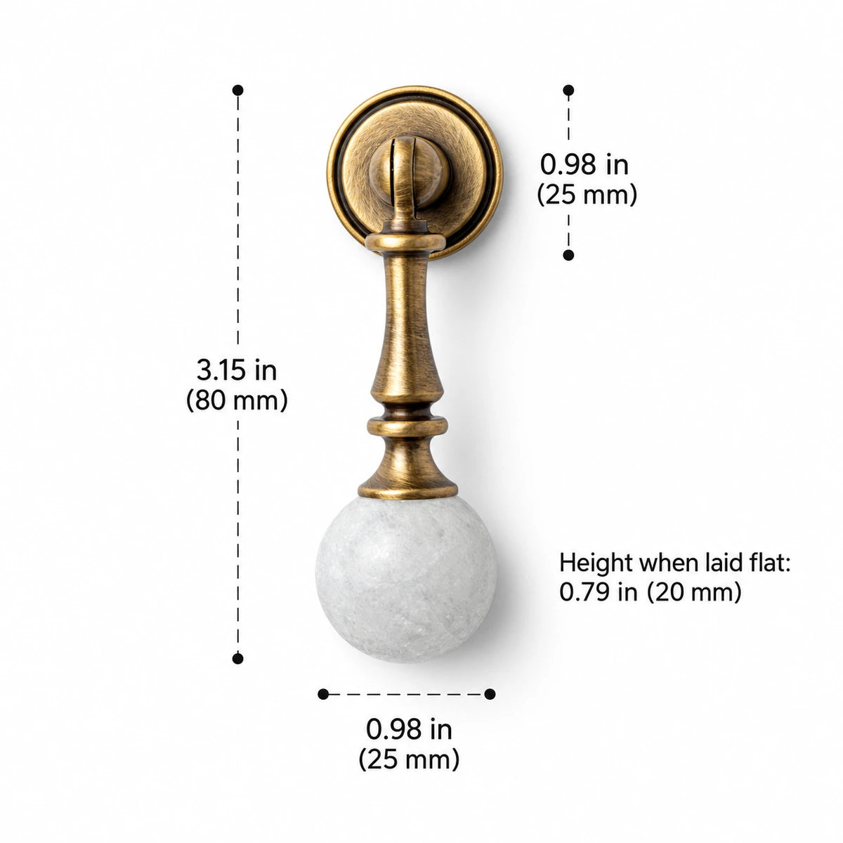 Turned antique brass drop pull with white stone ball, 3.15 in (80 mm) overall height, with dimension labels