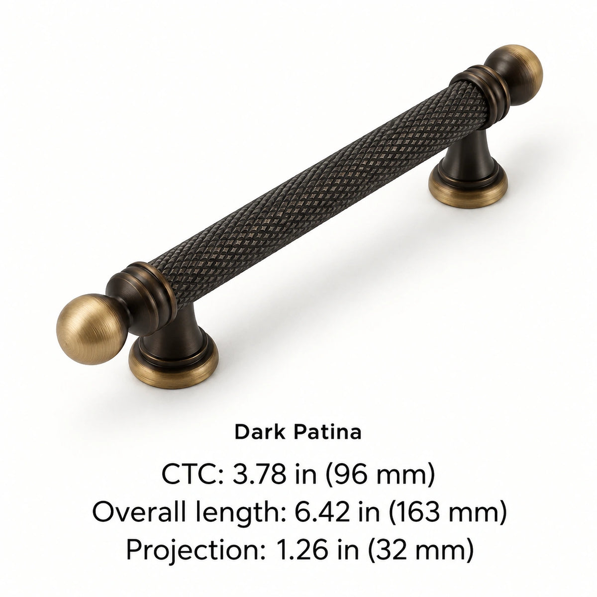 Dark patina ball-end pull: 3.78 in (96 mm) CTC dimensions