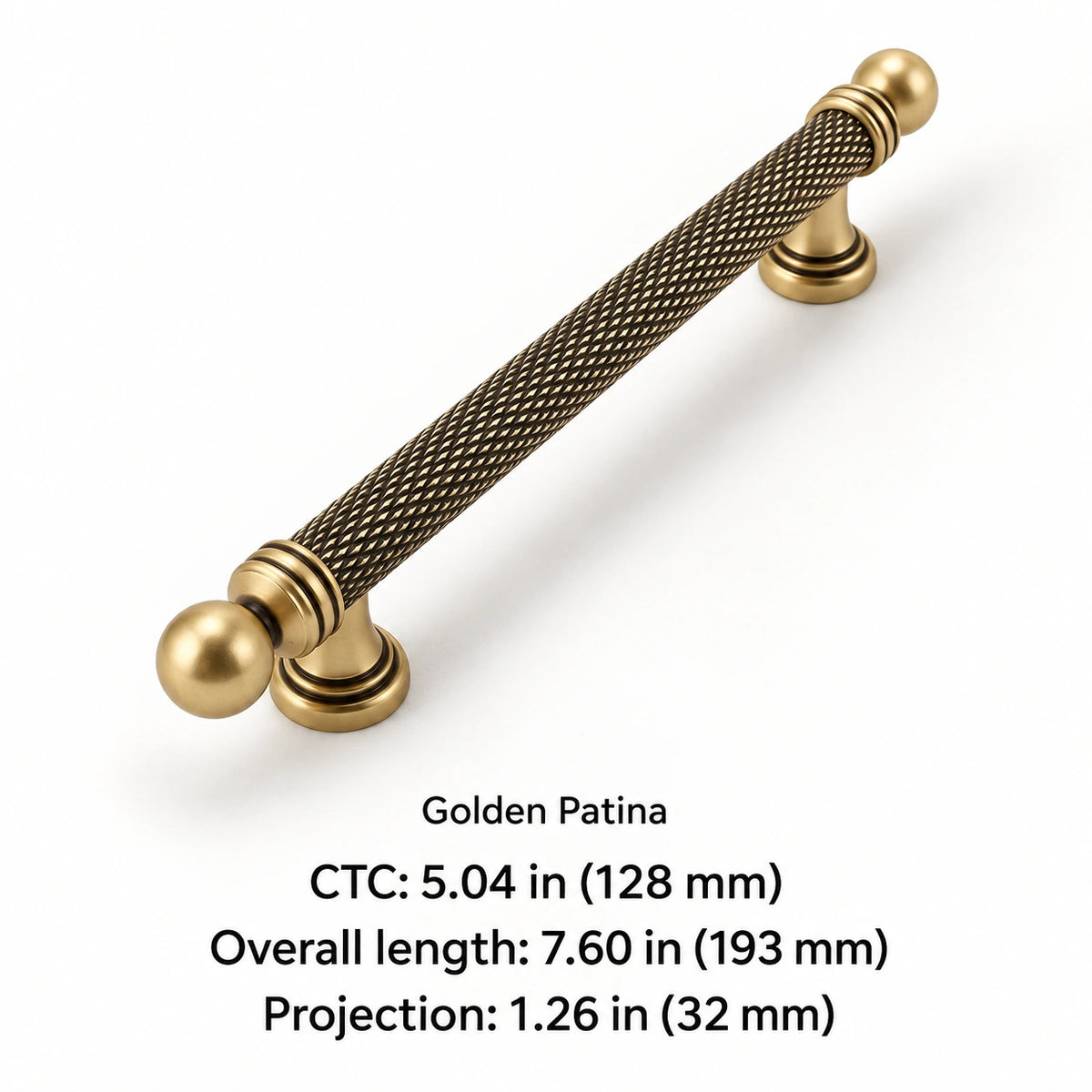 Golden patina ball-end pull: 5.04 in (128 mm) CTC dimensions