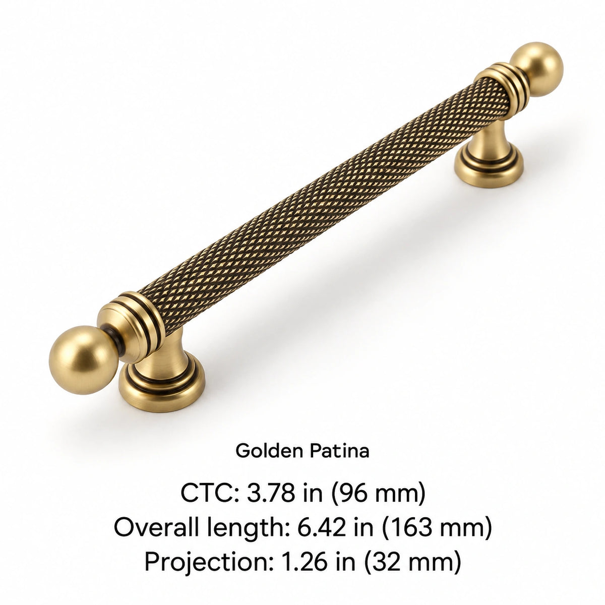 Golden patina ball-end pull: 3.78 in (96 mm) CTC dimensions