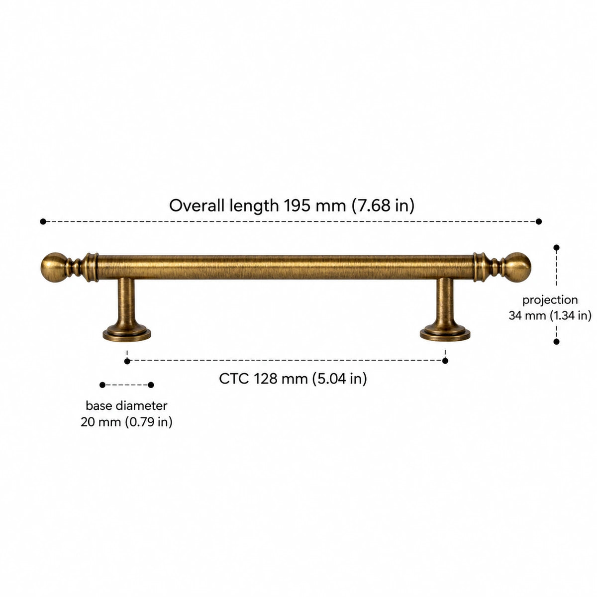 Antique brass ball-finial cabinet pull dimensions — 128 mm CTC with inch measurements