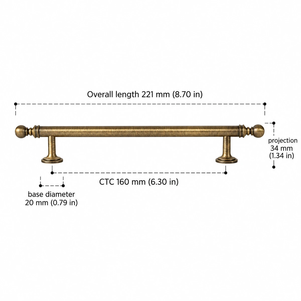Antique brass ball-finial cabinet pull dimensions — 160 mm CTC with inch measurements