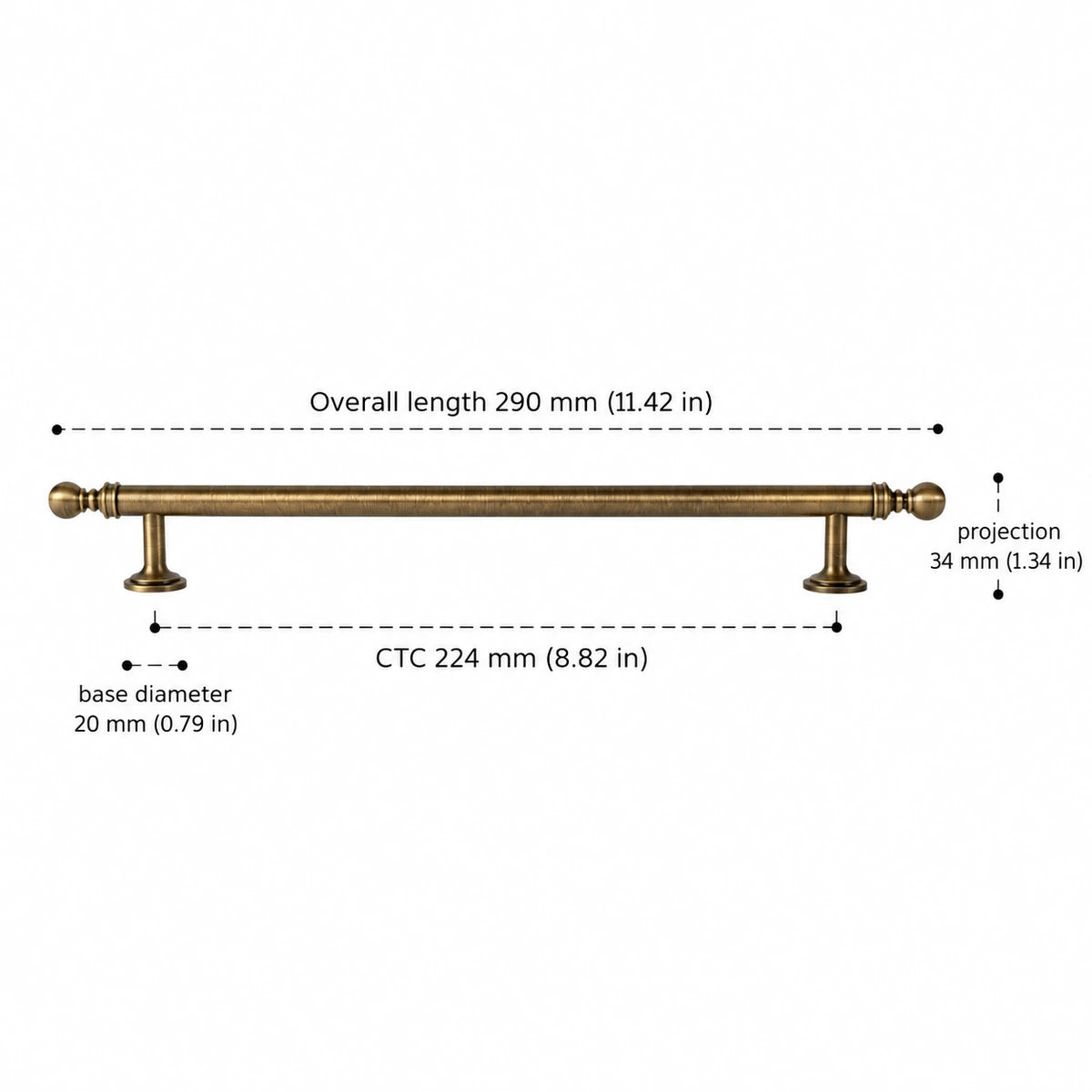 Antique brass ball-finial cabinet pull dimensions — 224 mm CTC with inch measurements