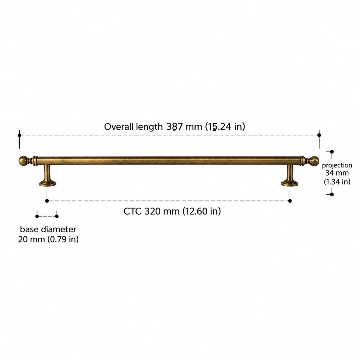 Antique brass ball-finial cabinet pull dimensions — 320 mm CTC with inch measurements