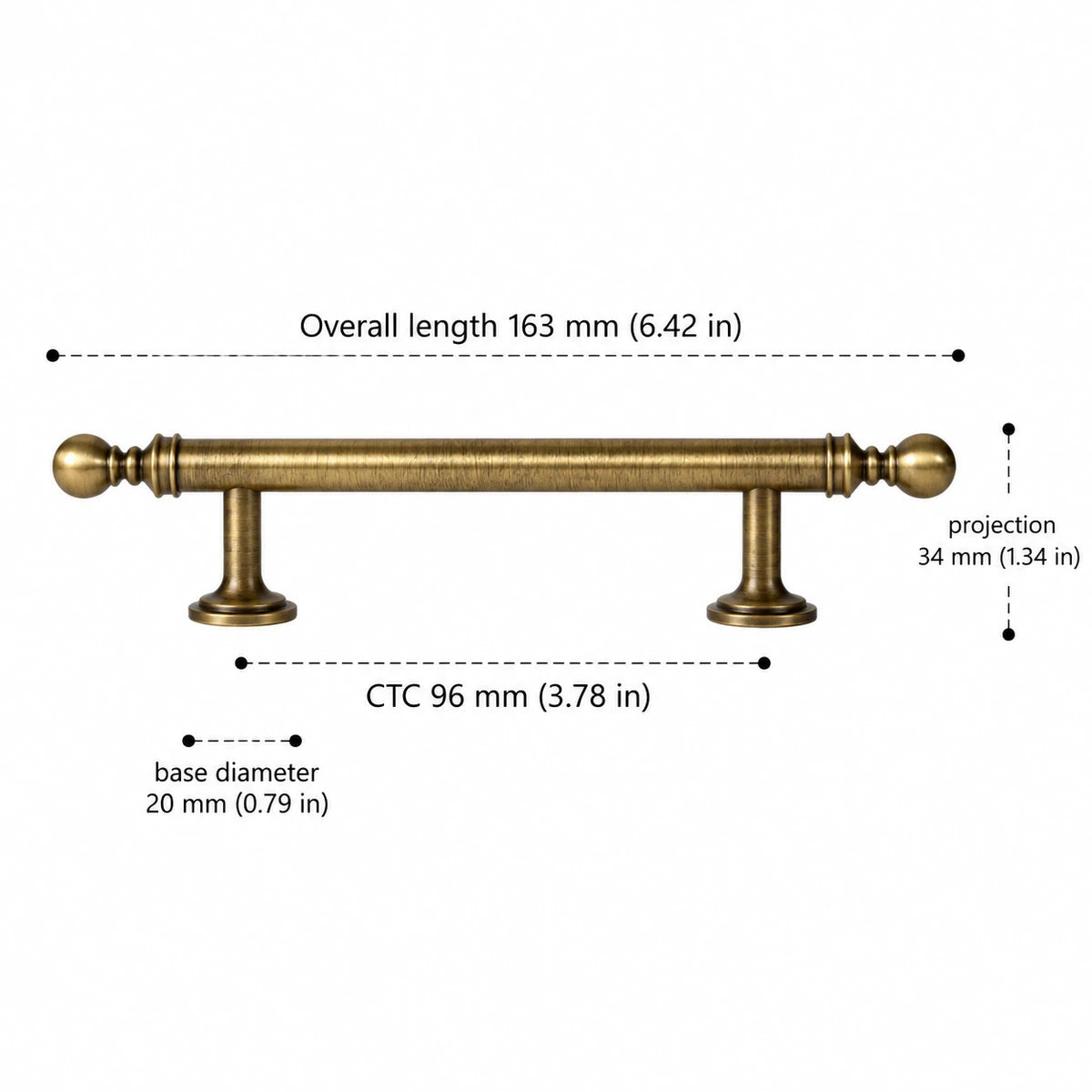 Antique brass ball-finial cabinet pull dimensions — 96 mm CTC with inch measurements