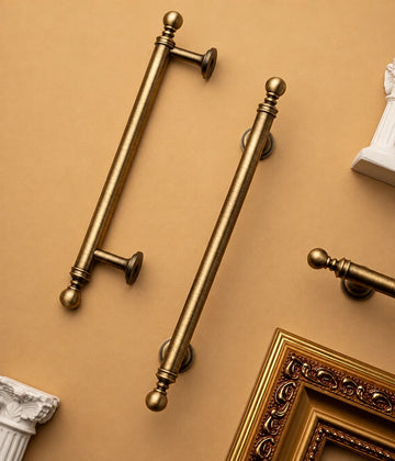 Antique brass cabinet pulls with ball finials and circular mounting bases