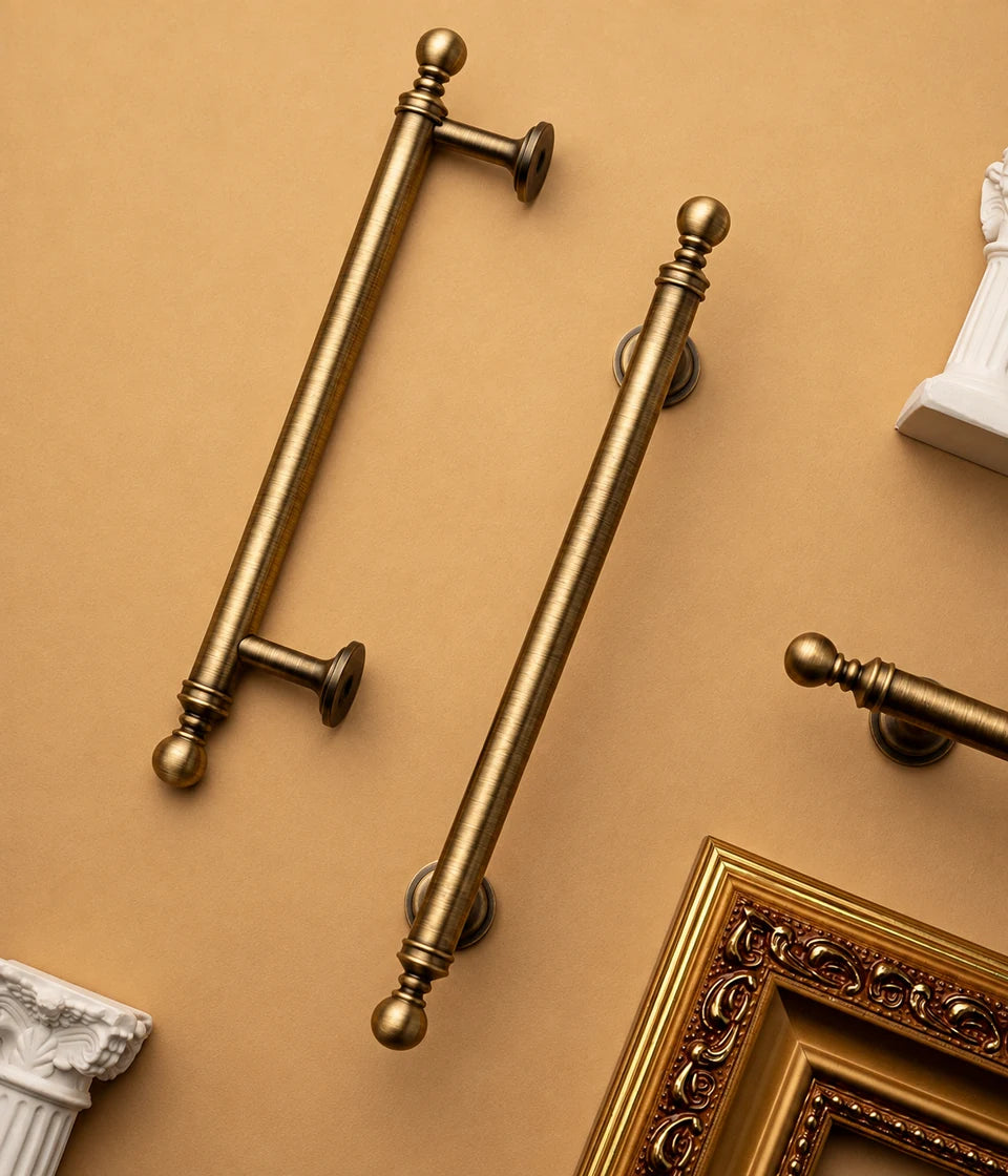 Antique brass cabinet pulls with ball finials and circular mounting bases