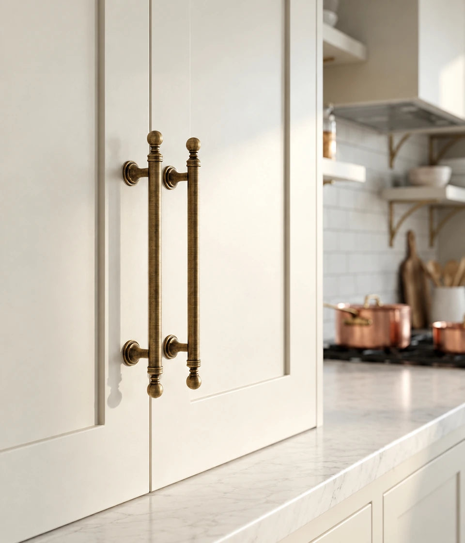 Antique brass ball-finial pulls installed on kitchen cabinet doors