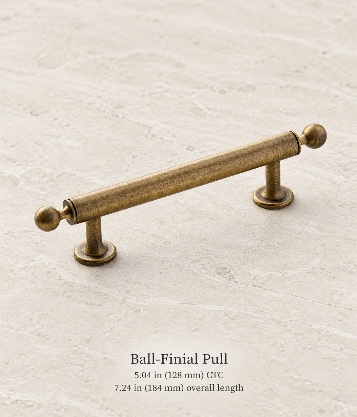 Antique brass ball-finial pull, 5.04 in (128 mm) CTC, 7.24 in (184 mm) overall length
