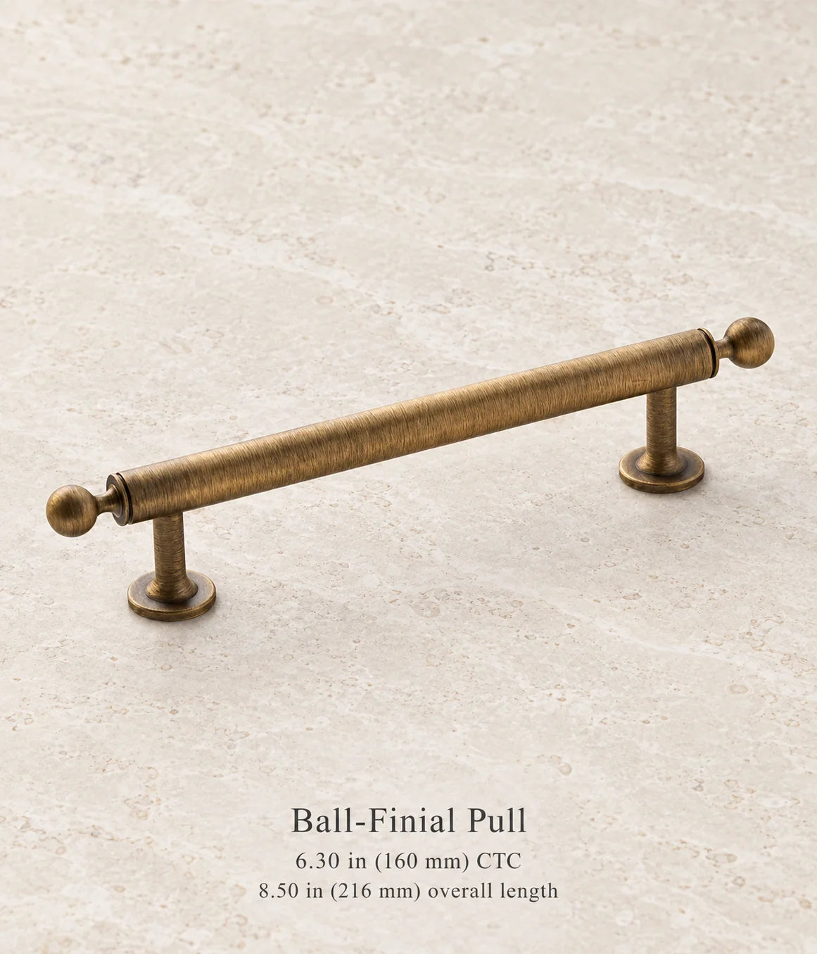 Antique brass ball-finial pull, 6.30 in (160 mm) CTC, 8.50 in (216 mm) overall length