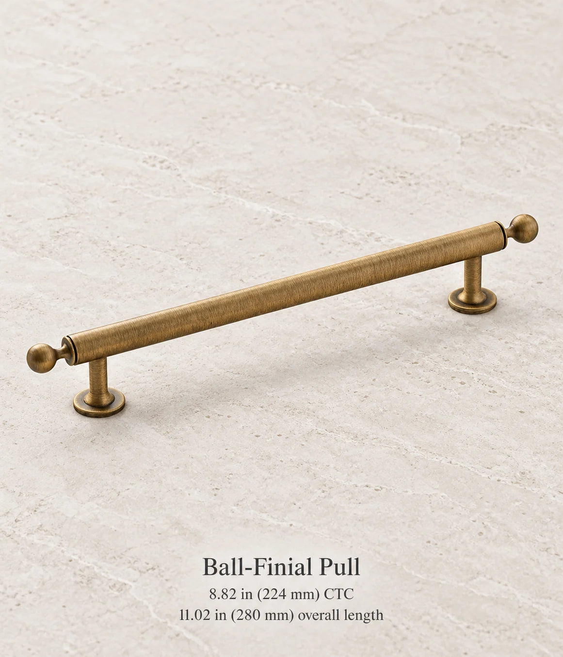 Antique brass ball-finial pull, 8.82 in (224 mm) CTC, 11.02 in (280 mm) overall length