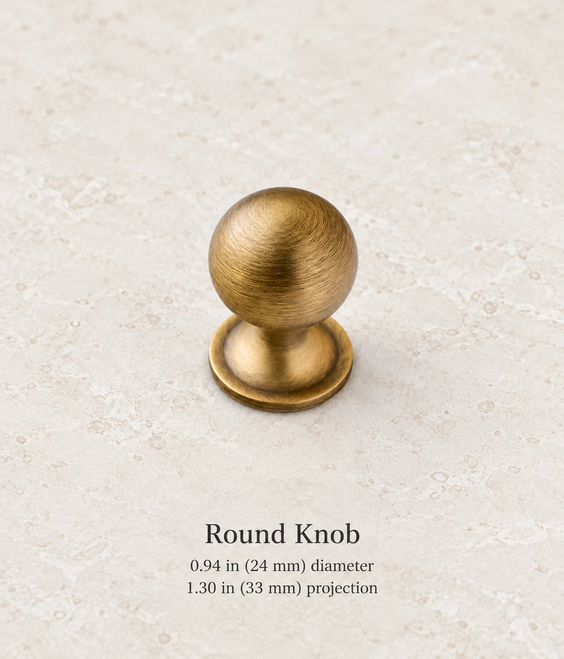 Antique brass round knob, 0.94 in (24 mm) diameter, 1.30 in (33 mm) projection
