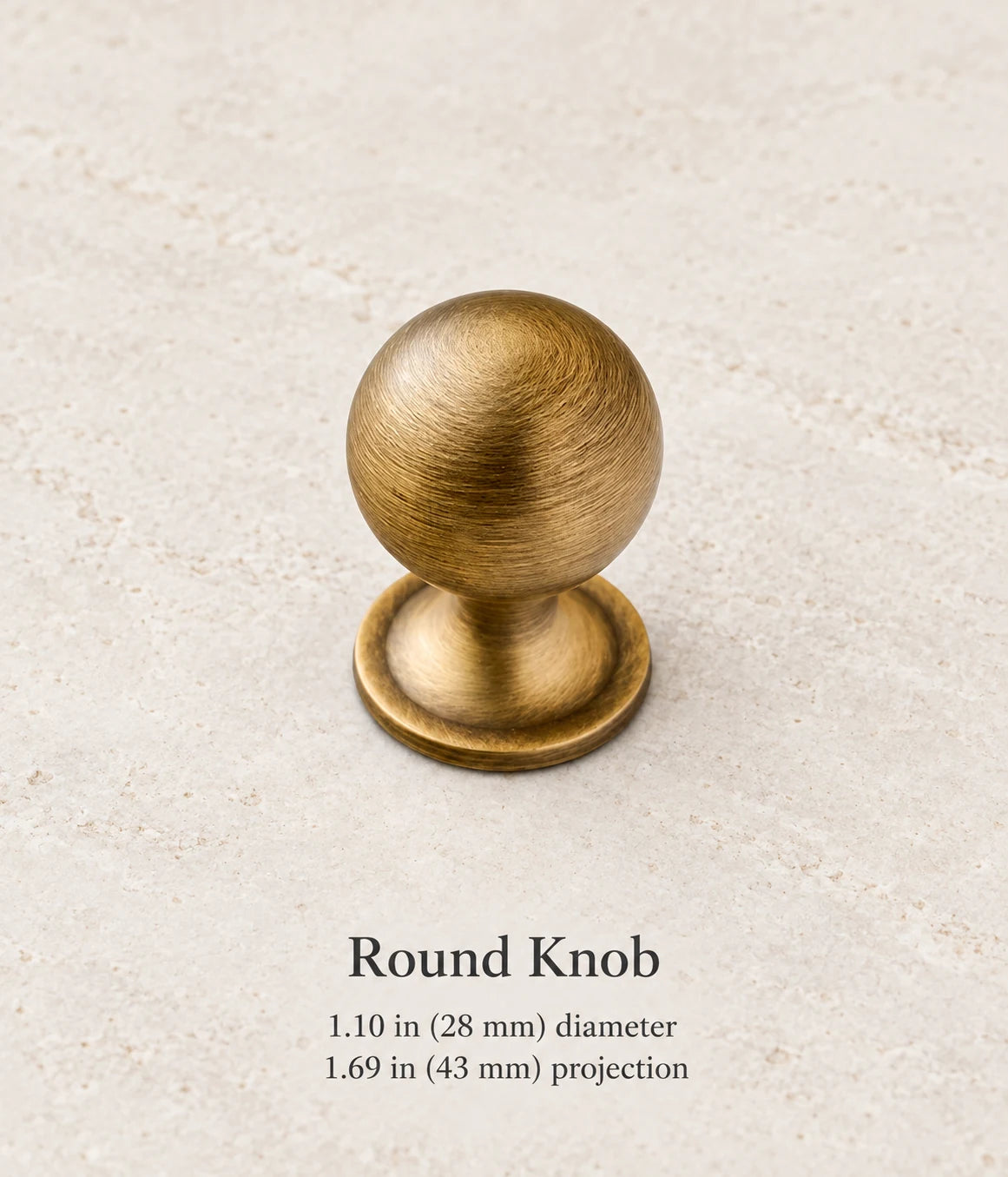 Antique brass round knob, 1.10 in (28 mm) diameter, 1.69 in (43 mm) projection