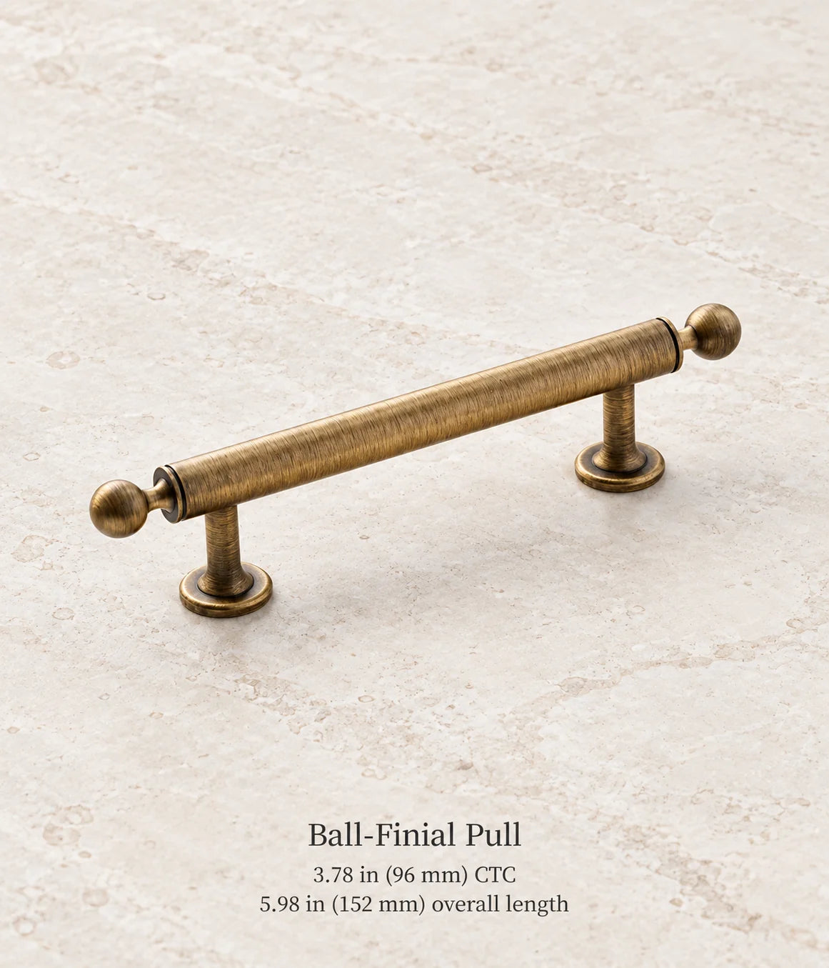 Antique brass ball-finial pull, 3.78 in (96 mm) CTC, 5.98 in (152 mm) overall length