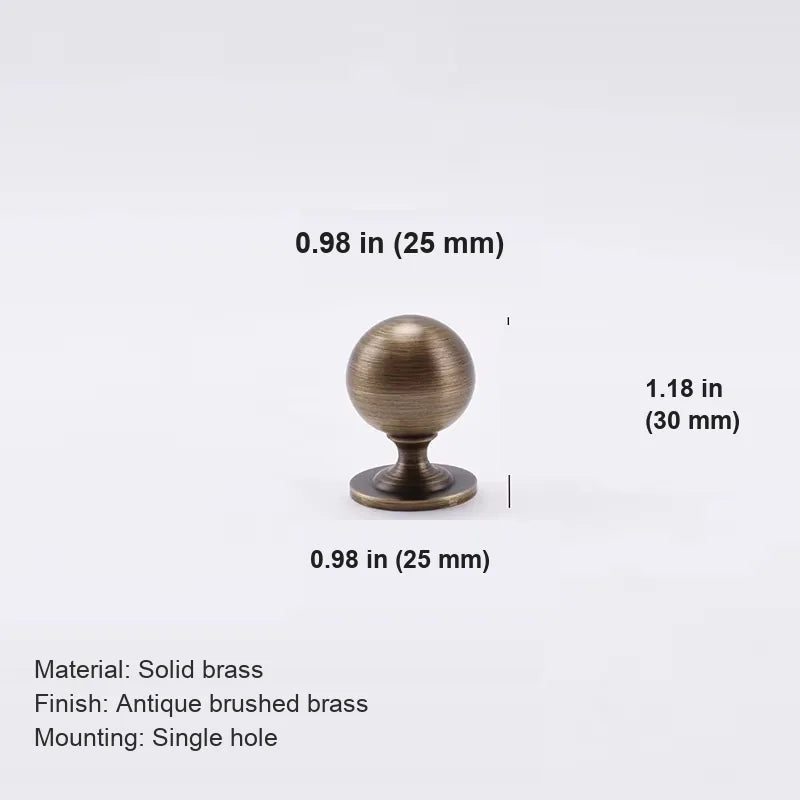 Antique brass ball cabinet knob measurements in inches and millimeters