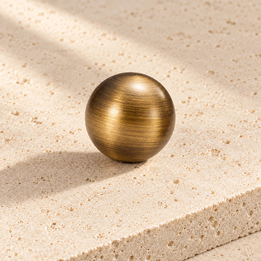 antique brass ball knob on pale limestone.