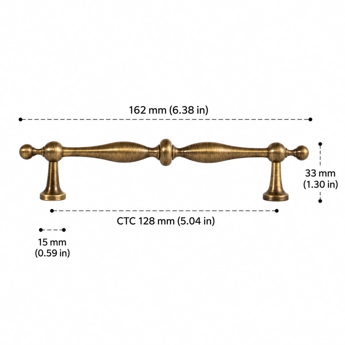 Antique brass baluster cabinet pull, 128 mm CTC with dimensions in inches and mm