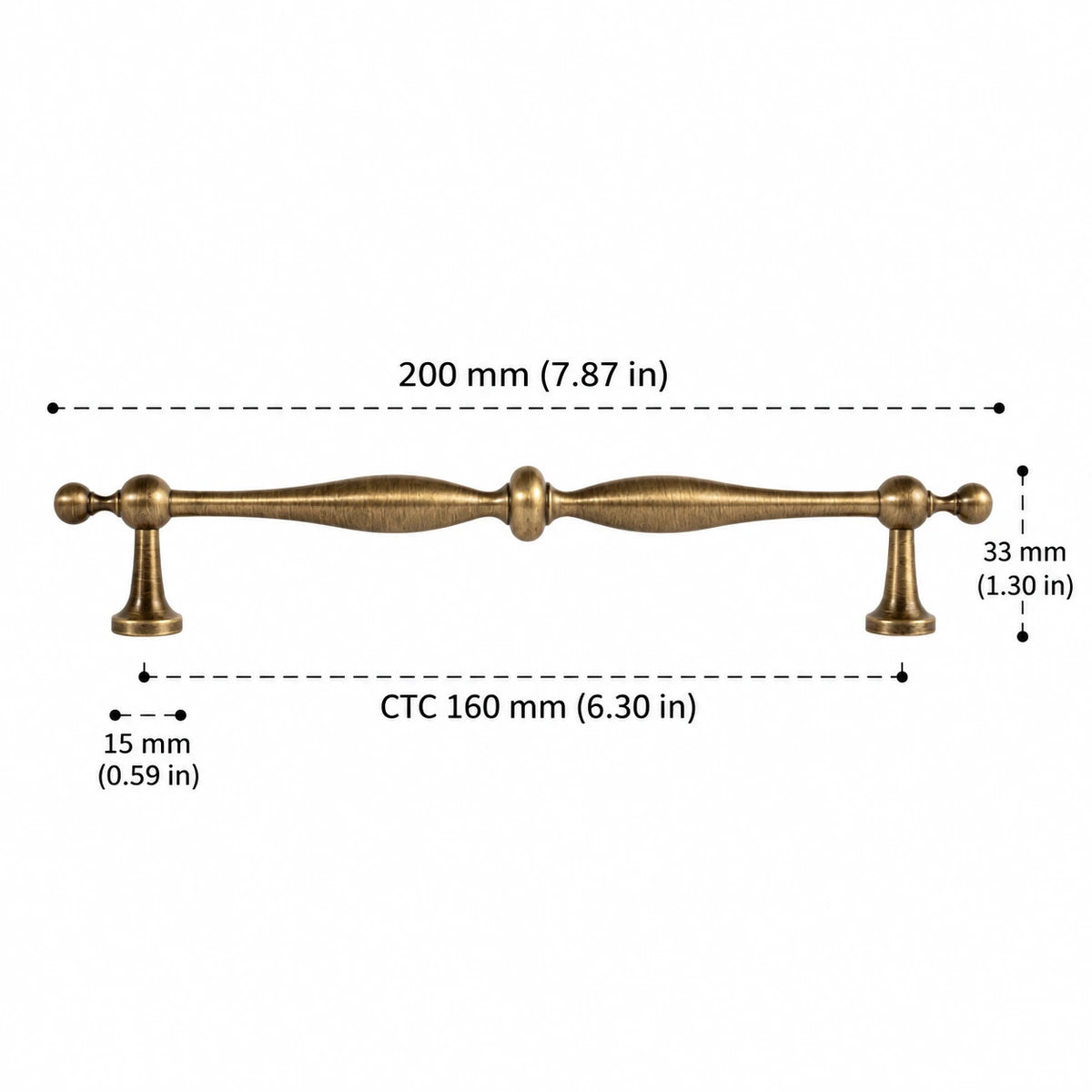 Antique brass baluster cabinet pull, 160 mm CTC with dimensions in inches and mm