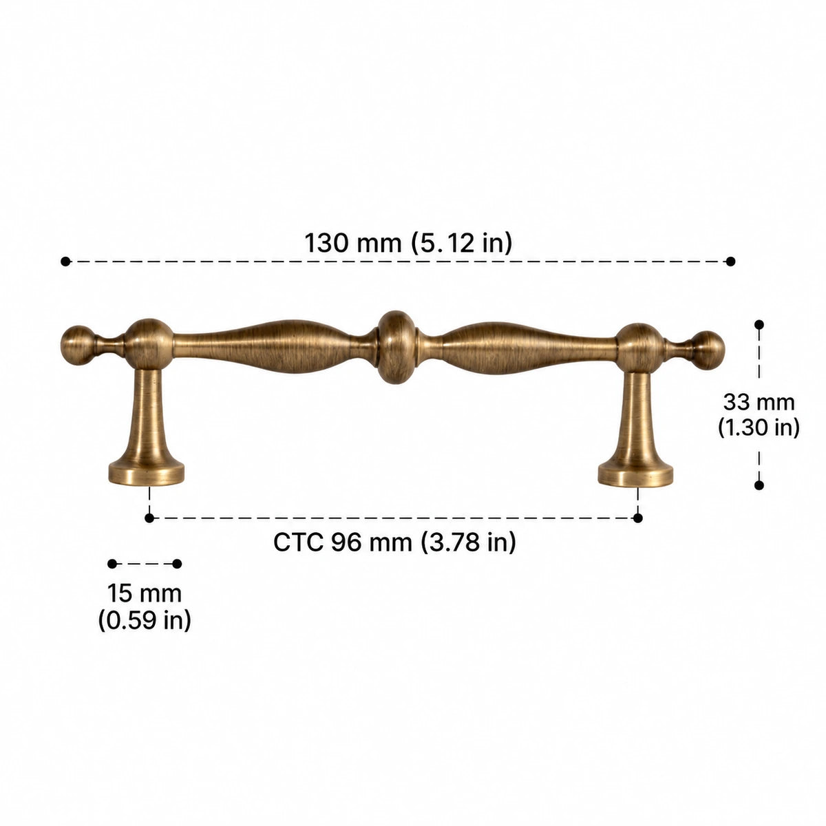 Antique brass baluster cabinet pull, 96 mm CTC with dimensions in inches and mm