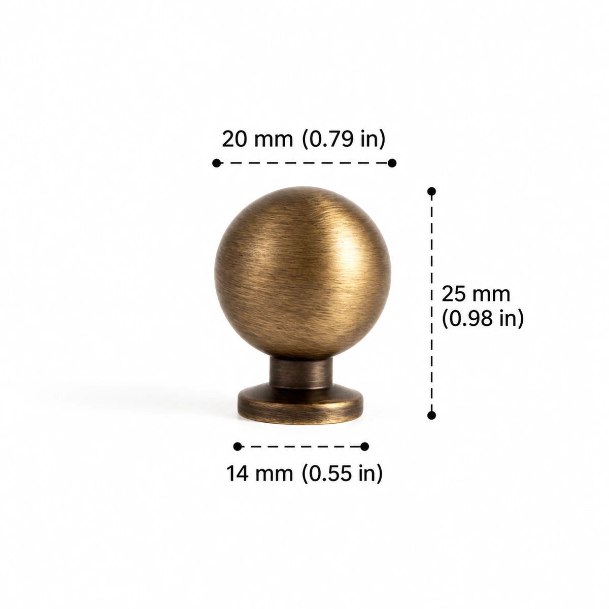 Antique brass ball knob, 20 mm diameter with dimensions in inches and mm