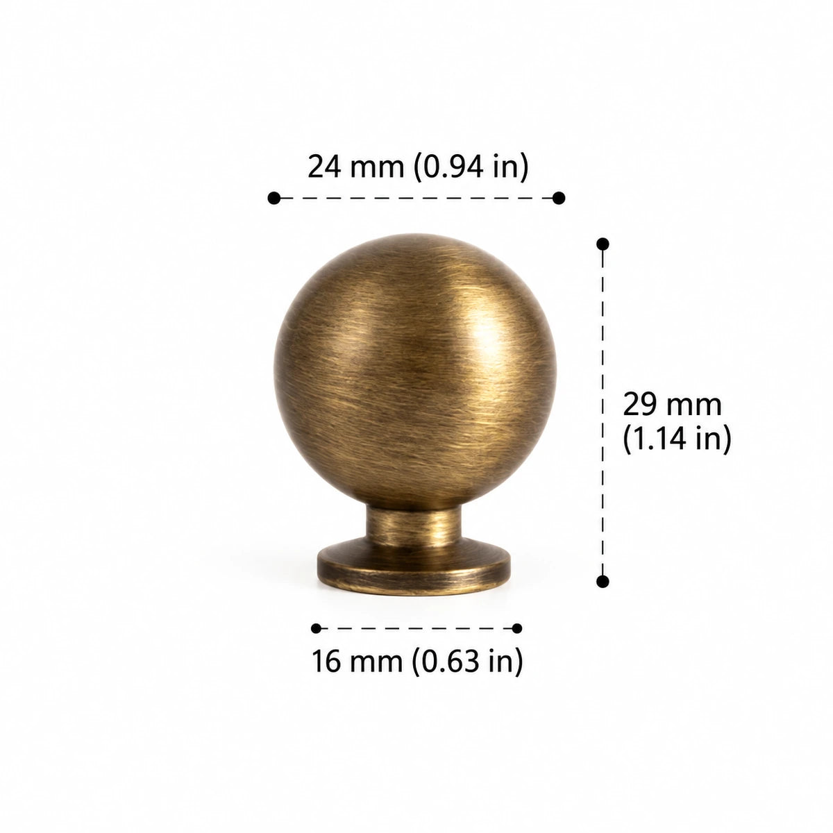 Antique brass ball knob, 24 mm diameter with dimensions in inches and mm