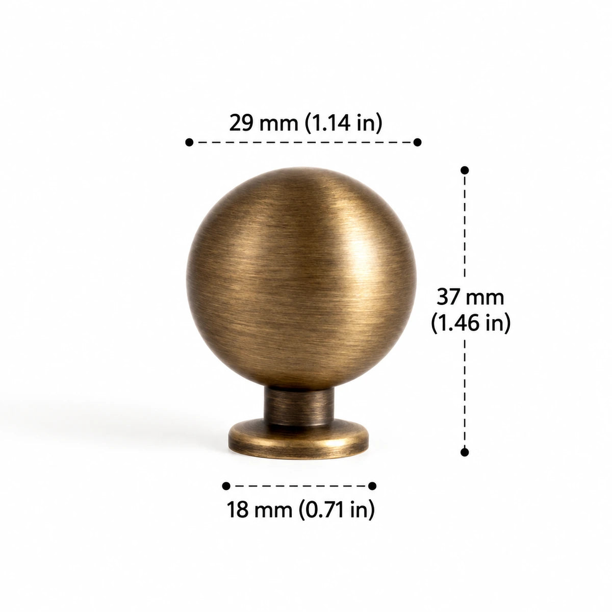 Antique brass ball knob, 29 mm diameter with dimensions in inches and mm