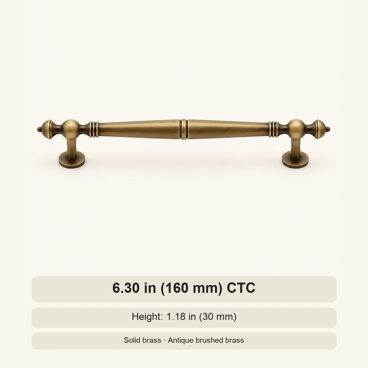 Antique brass baluster cabinet pull 6.30 inch 160 mm CTC dimensions