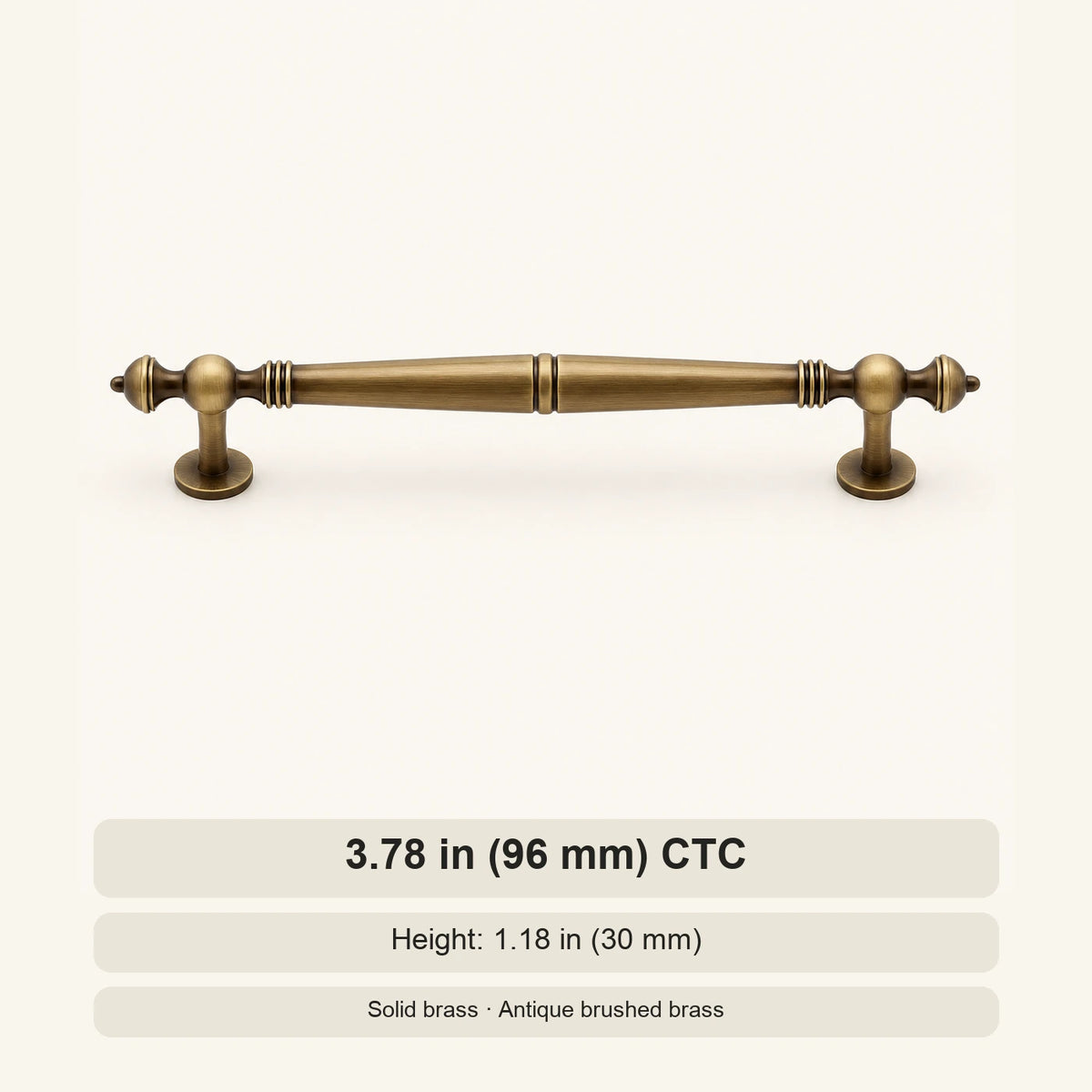 Antique brass baluster cabinet pull 3.78 inch 96 mm CTC dimensions