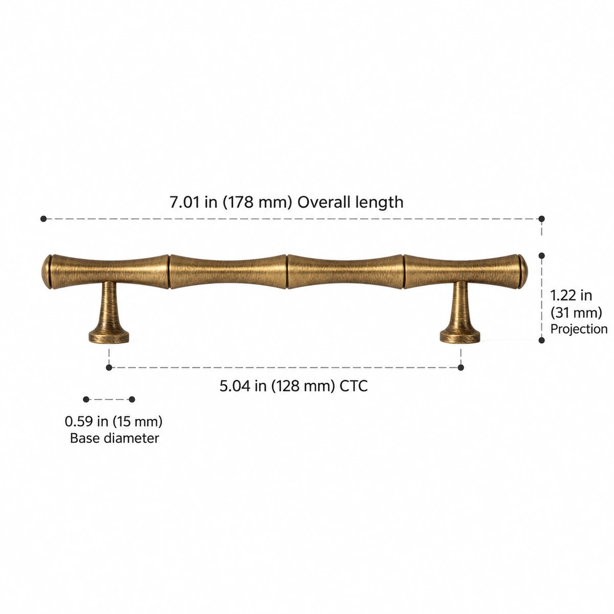 Bamboo Pull — 5.04″ (128 mm) CTC — overall length 7.01″ (178 mm), projection 1.22″ (31 mm), base diameter 0.59″ (15 mm)
