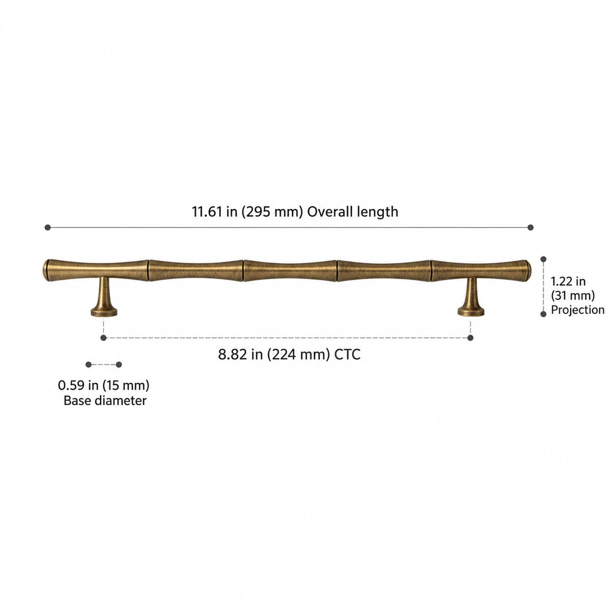 Bamboo Pull — 8.82″ (224 mm) CTC — overall length 11.61″ (295 mm), projection 1.22″ (31 mm), base diameter 0.59″ (15 mm)