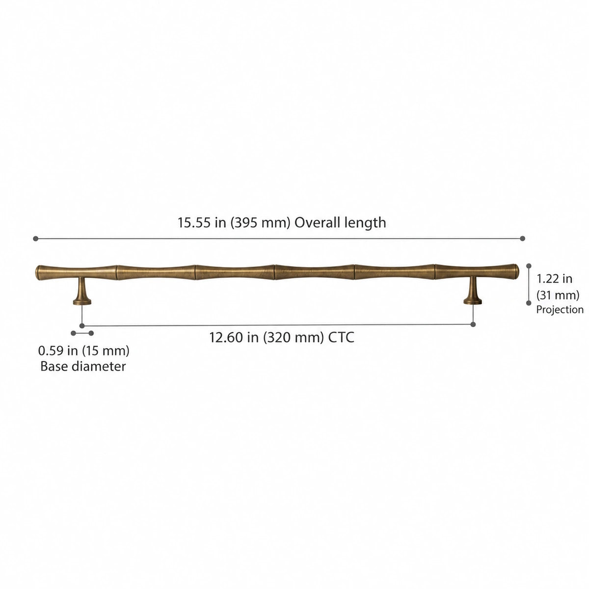 Bamboo Pull — 12.60″ (320 mm) CTC — overall length 15.55″ (395 mm), projection 1.22″ (31 mm), base diameter 0.59″ (15 mm)