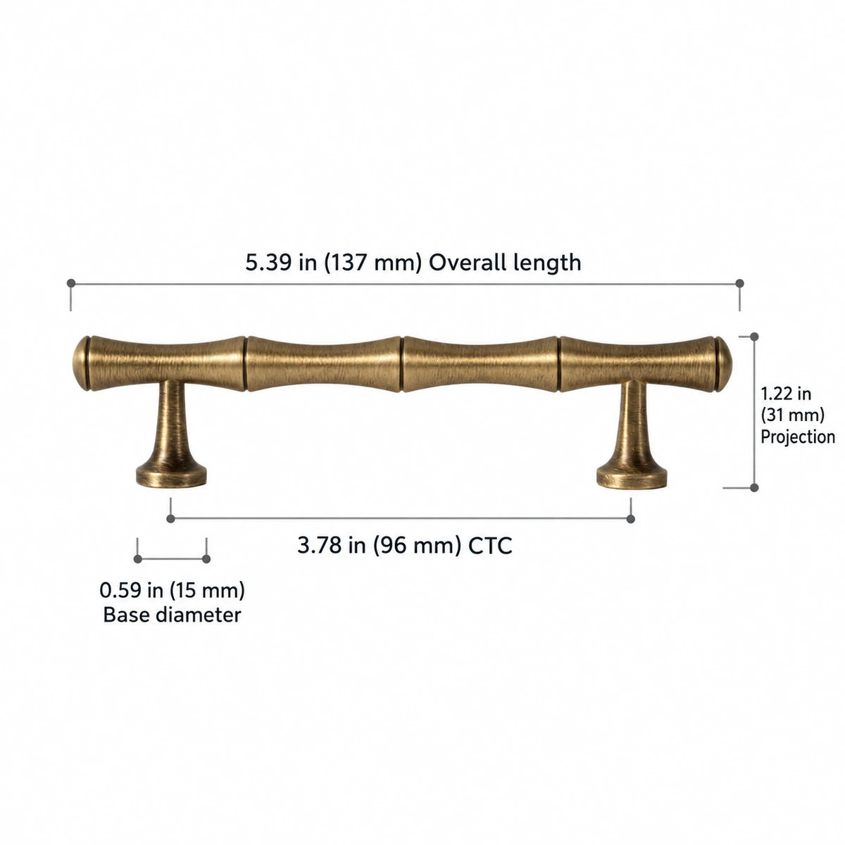 Bamboo Pull — 3.78″ (96 mm) CTC — overall length 5.39″ (137 mm), projection 1.22″ (31 mm), base diameter 0.59″ (15 mm)
