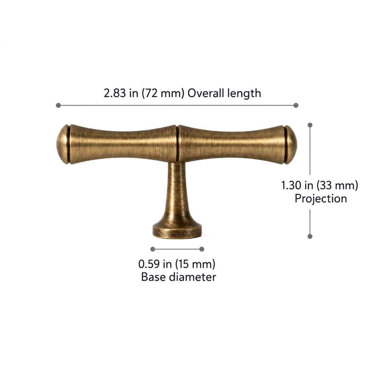 Bamboo T-Knob — 2.83″ (72 mm) Length — overall length 2.83″ (72 mm), projection 1.30″ (33 mm), base diameter 0.59″ (15 mm)