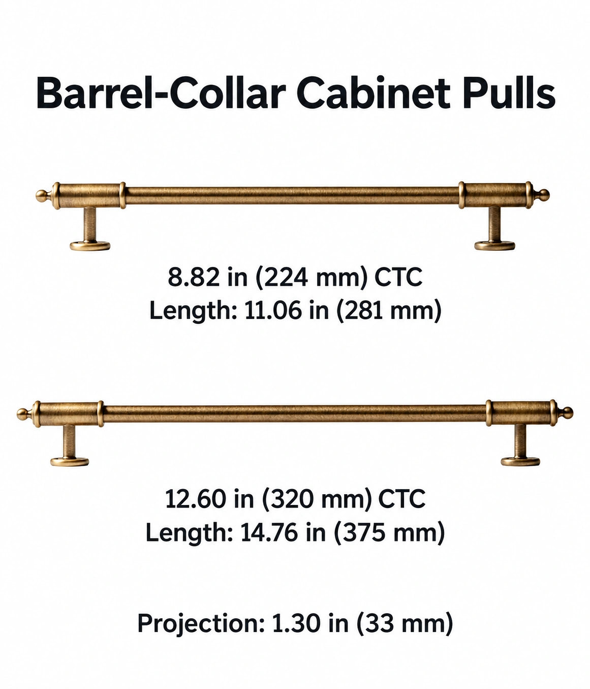 Antique brass barrel-collar pull size guide for 224, 320 mm CTC with overall length and inch measurements
