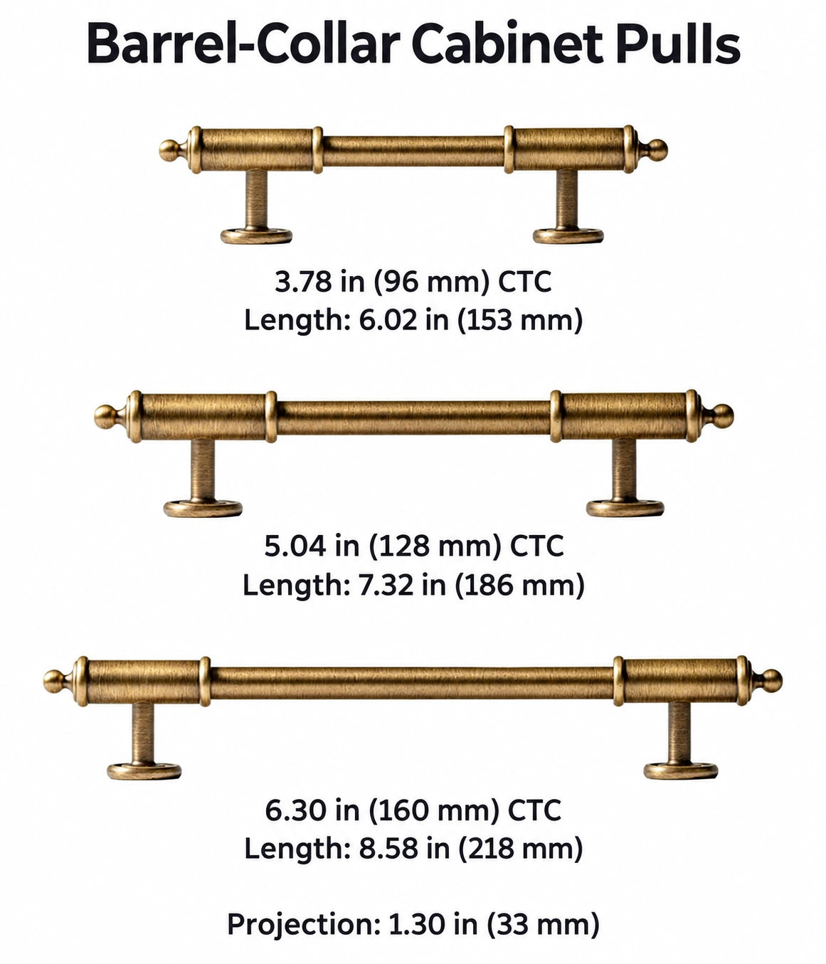 Antique brass barrel-collar pull size guide for 96, 128, 160 mm CTC with overall length and inch measurements