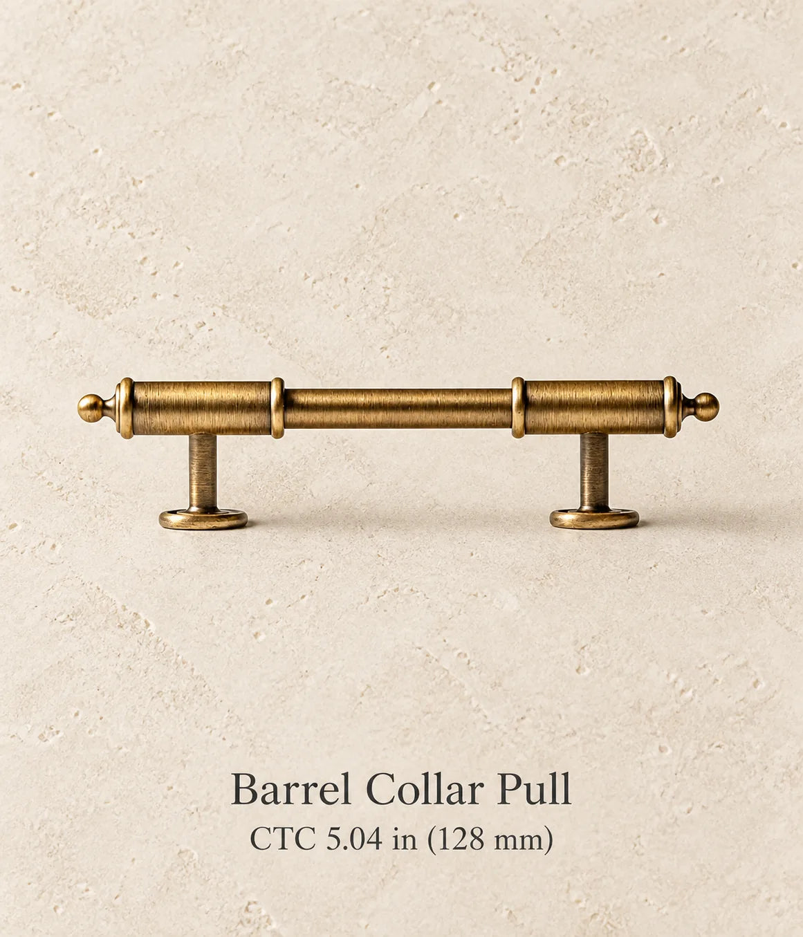 Antique brass barrel collar cabinet pull, 5.04 in (128 mm) CTC