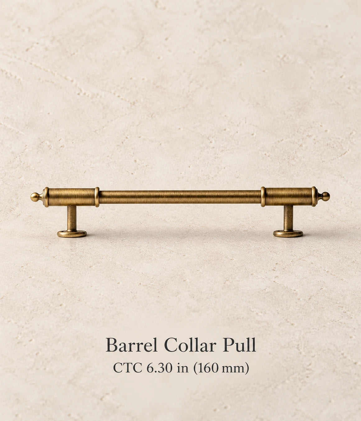 Antique brass barrel collar cabinet pull, 6.30 in (160 mm) CTC