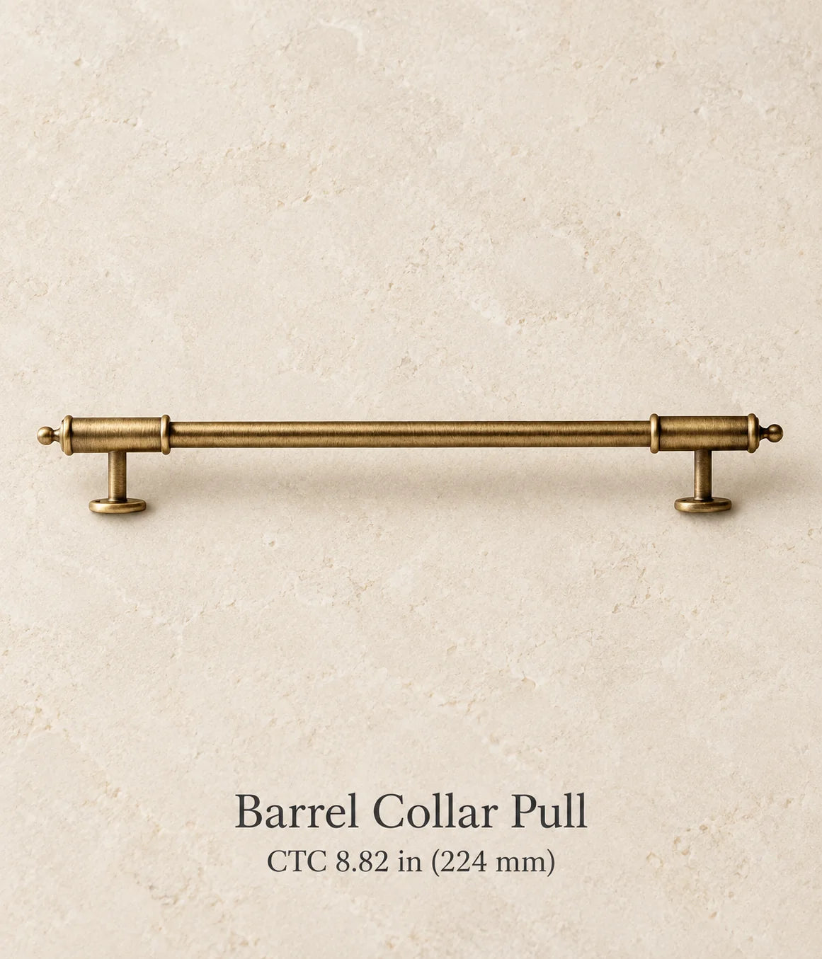 Antique brass barrel collar cabinet pull, 8.82 in (224 mm) CTC